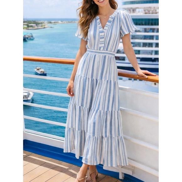 Monteau Los Angeles Dresses & Skirts - Monteau LA Blue Stripe Midi Dress Women S Boho Summer Elastic Waist